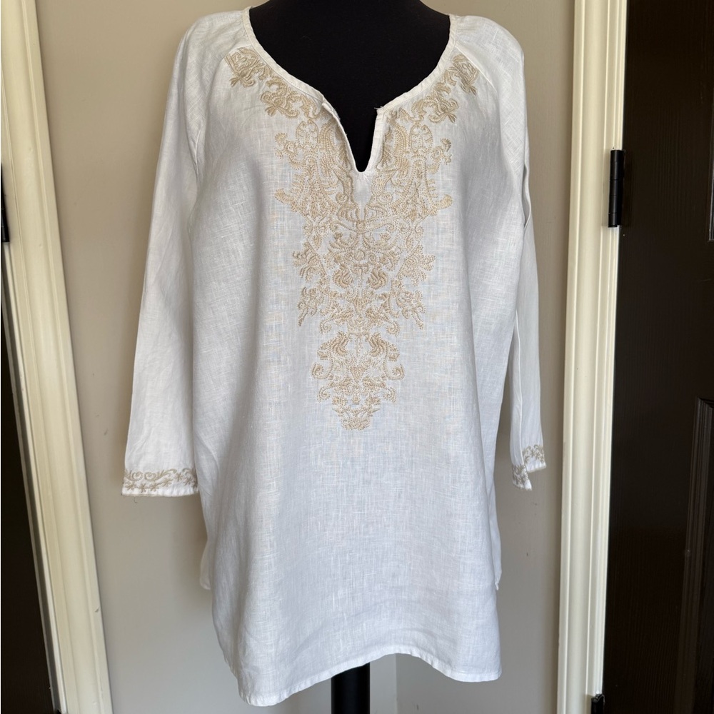 Chic White and Gold Embroidered Women's Tunic